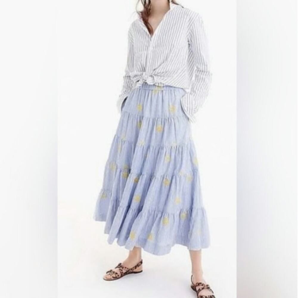 J. CREW Pinapple Embroidered Tiered Seersucker Pinstripe Lagenlook Midi Skirt - Picture 4 of 15